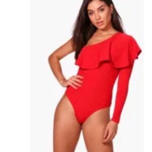 Boohoo Red One-Shoulder Ruffle Bodysuit